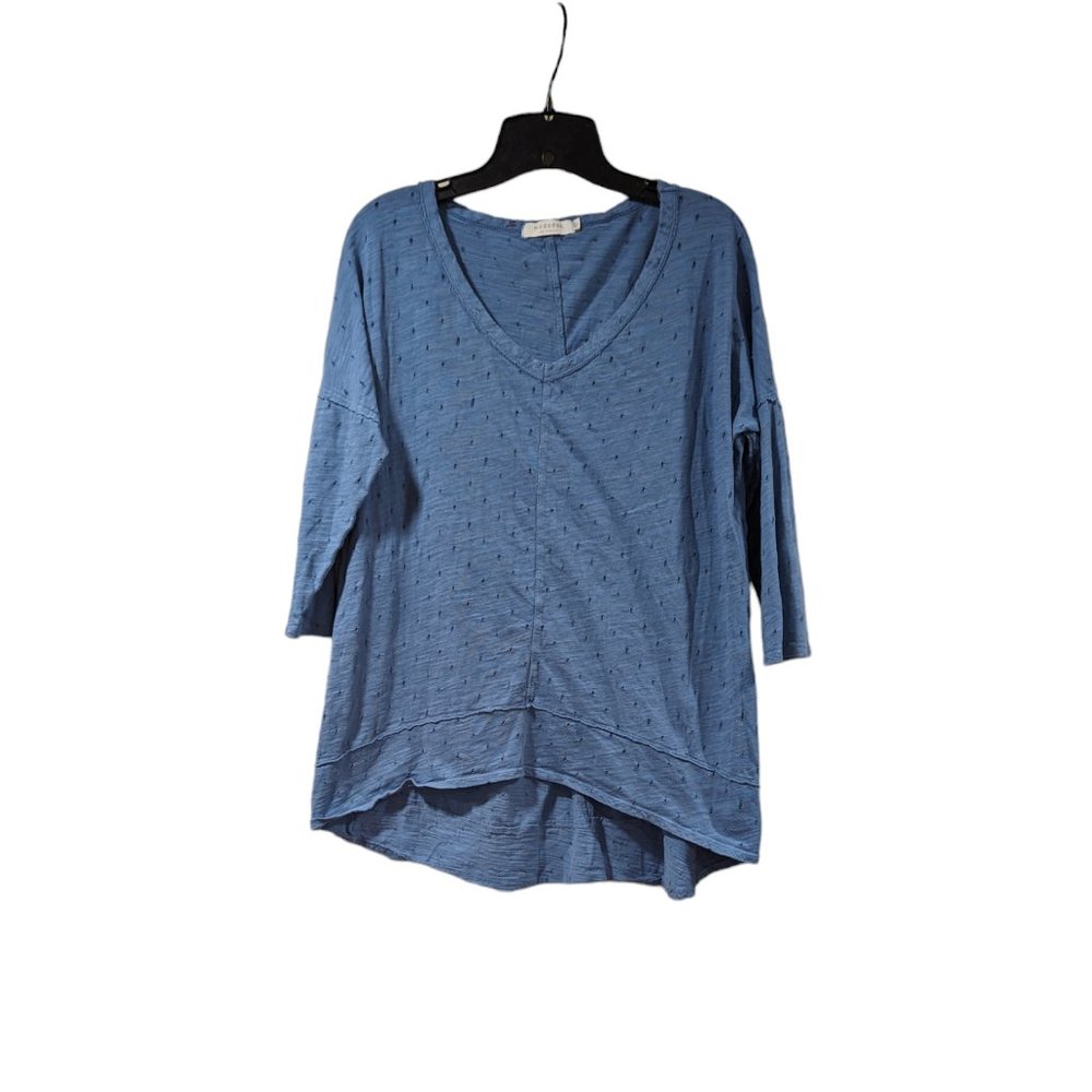 mododoc Women's Blue Textured 3/4 Sleeve V-Neck Blouse Sz M